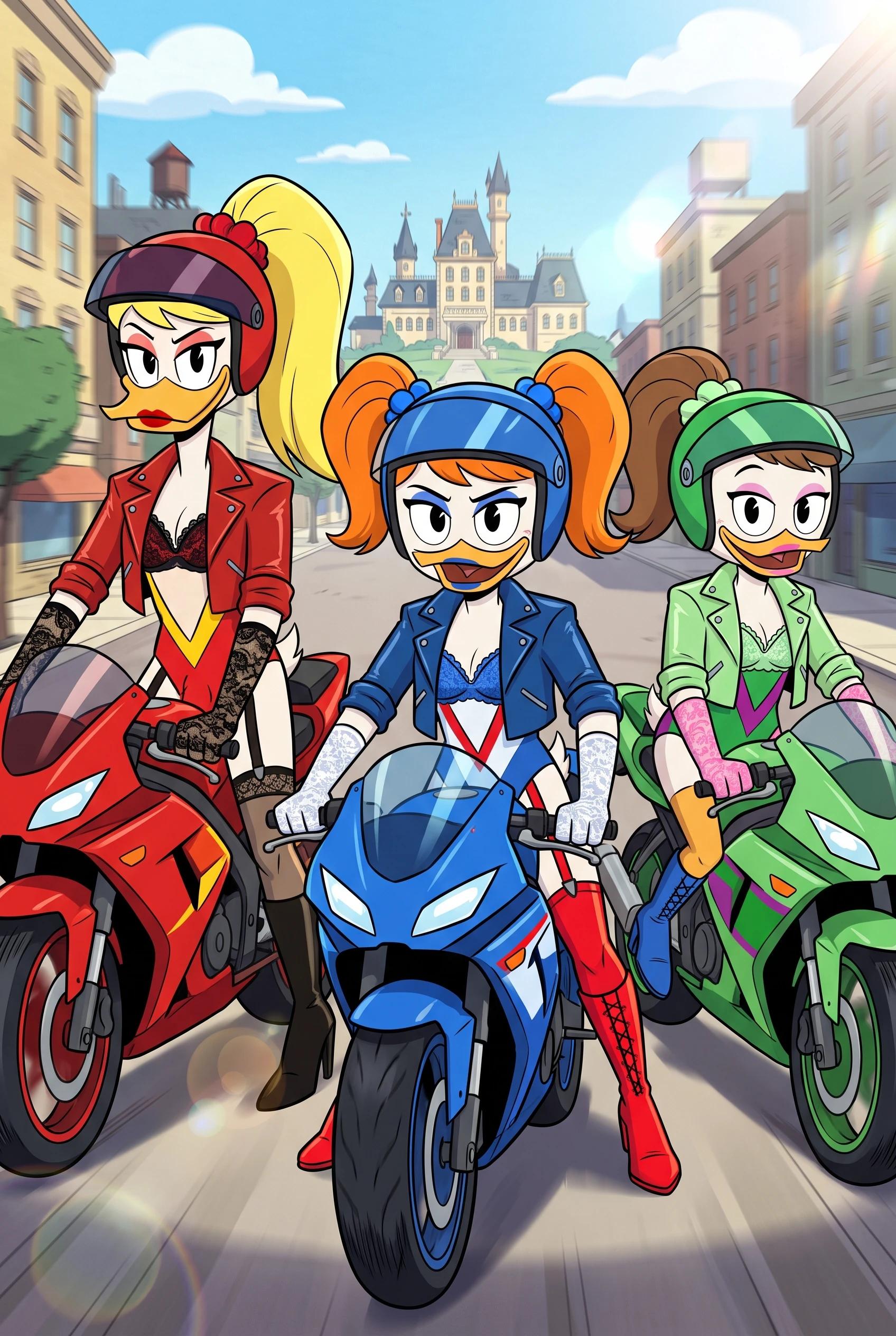 Crossdressed Riders Sync Cum on Dildo Bikes