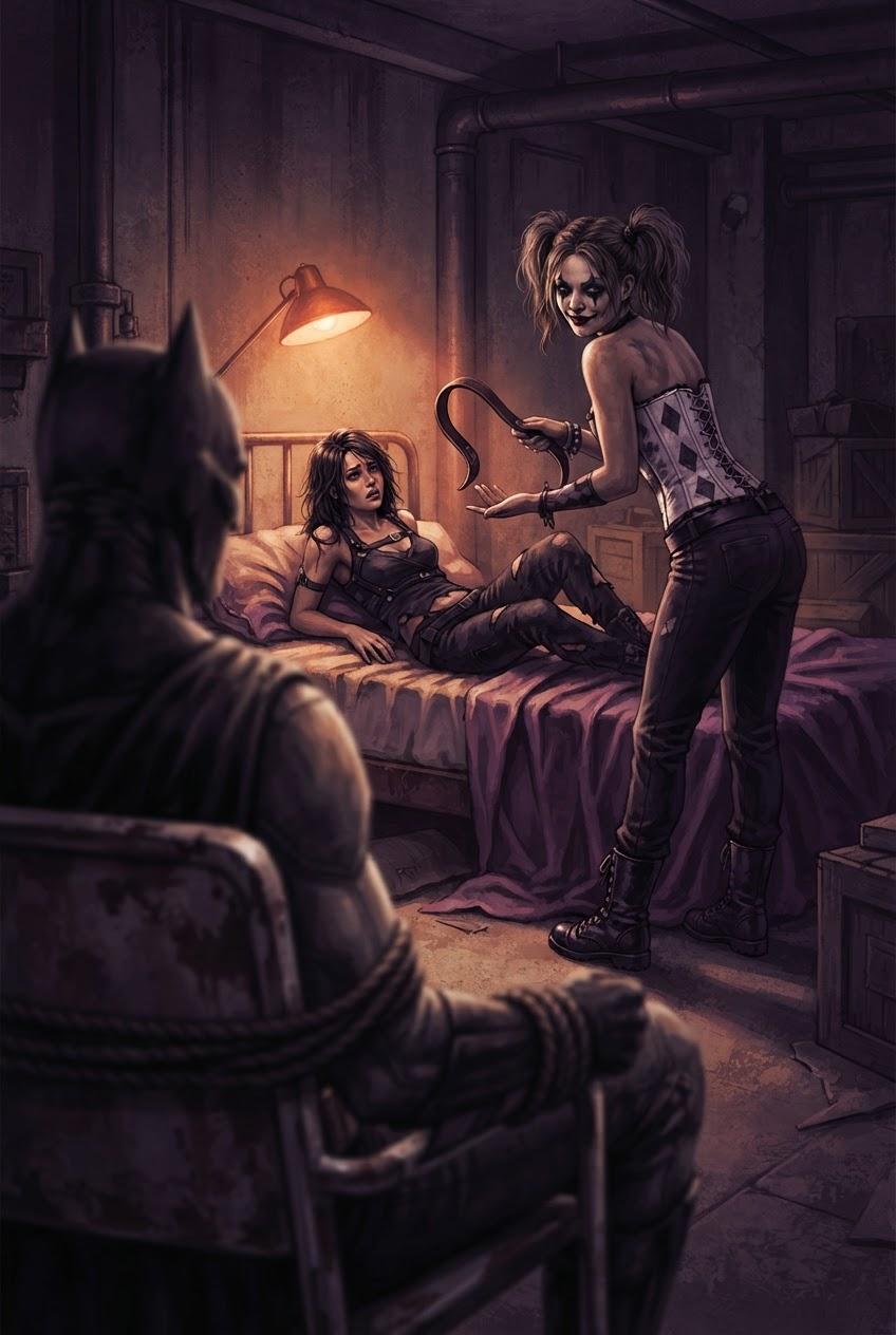 Batman watches Harley dominate Catwoman