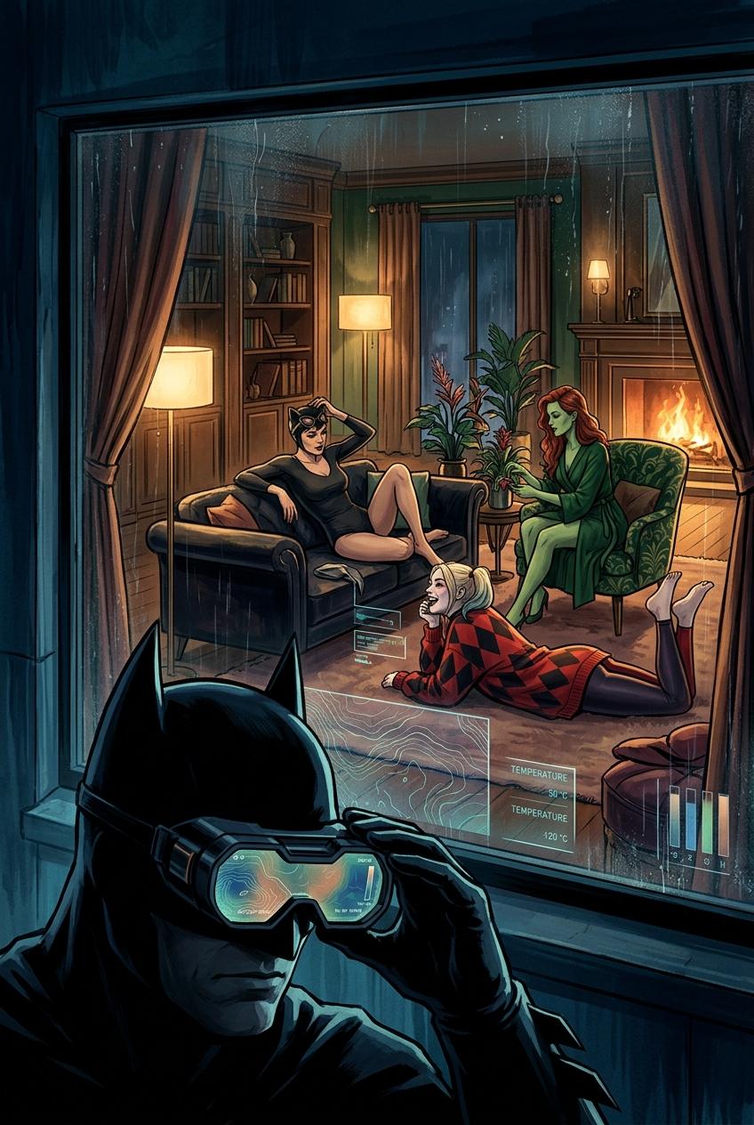 Batman spies on three villainesses
