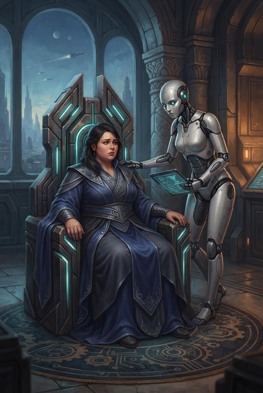 Gynoid Breeds Chubby Virgin on Throne