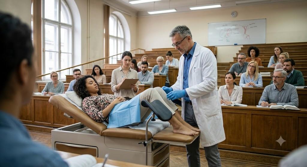 Professor Examines Student in Class